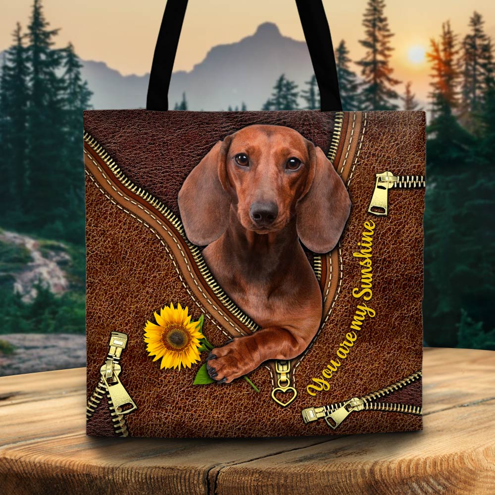 Dachshund Holding Sunflower, Tote Bag Printed Leather Pattern For Dog Mom
