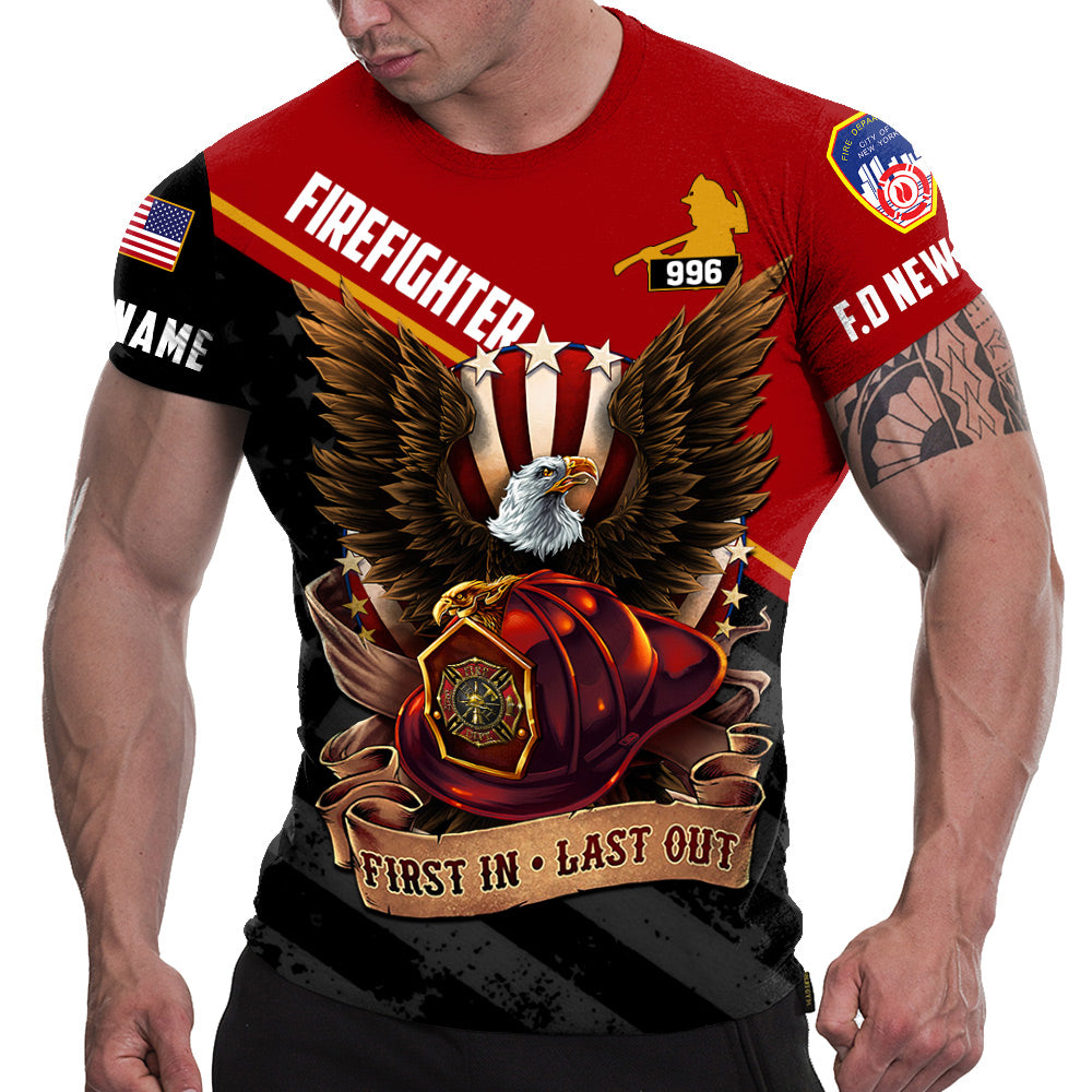 Custom Shirt Gift For Firefighter - Personalized Gifts For Fireman - First In Last Out Bald Eagle Shirt H2511