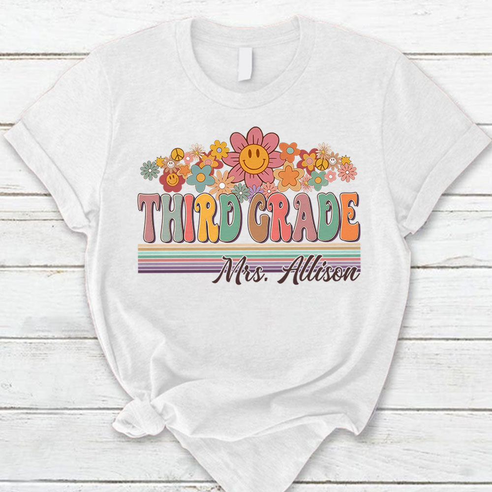 Personalized Shirt Groovy Back To School,Retro Third Grade Designs Shirt, Floral Hippie First Day Of School Shirt Hk10