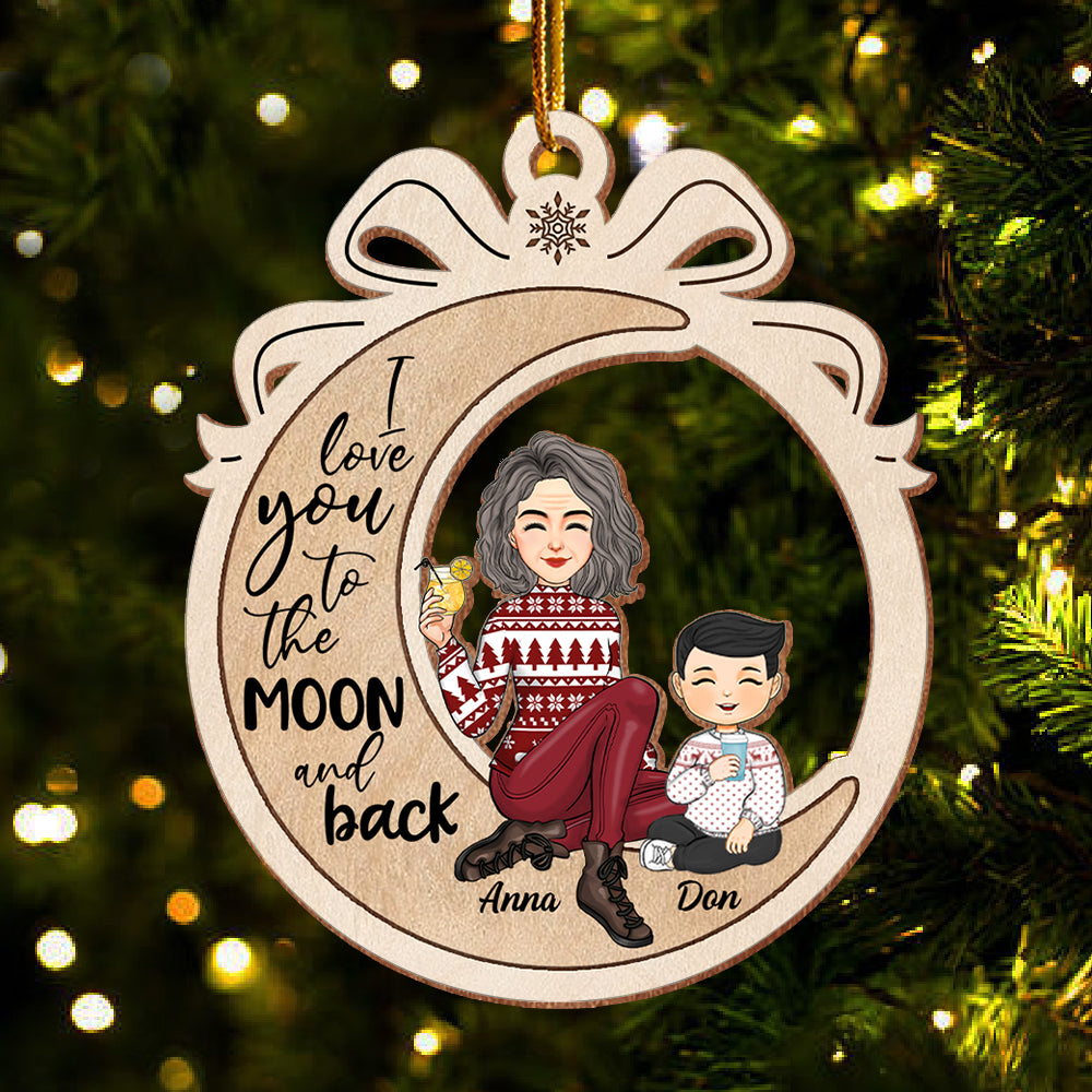 I Love You To The Moon And Back - Cute Grandma Grandkids Sitting Ribbon Personalized Wooden Ornament