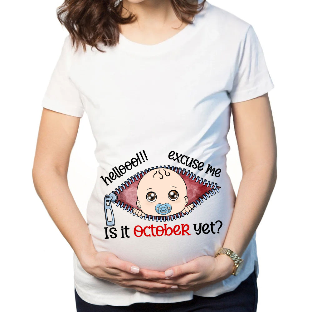 Customizable Months Baby Boy Peeking Bump Black Maternity Shirt