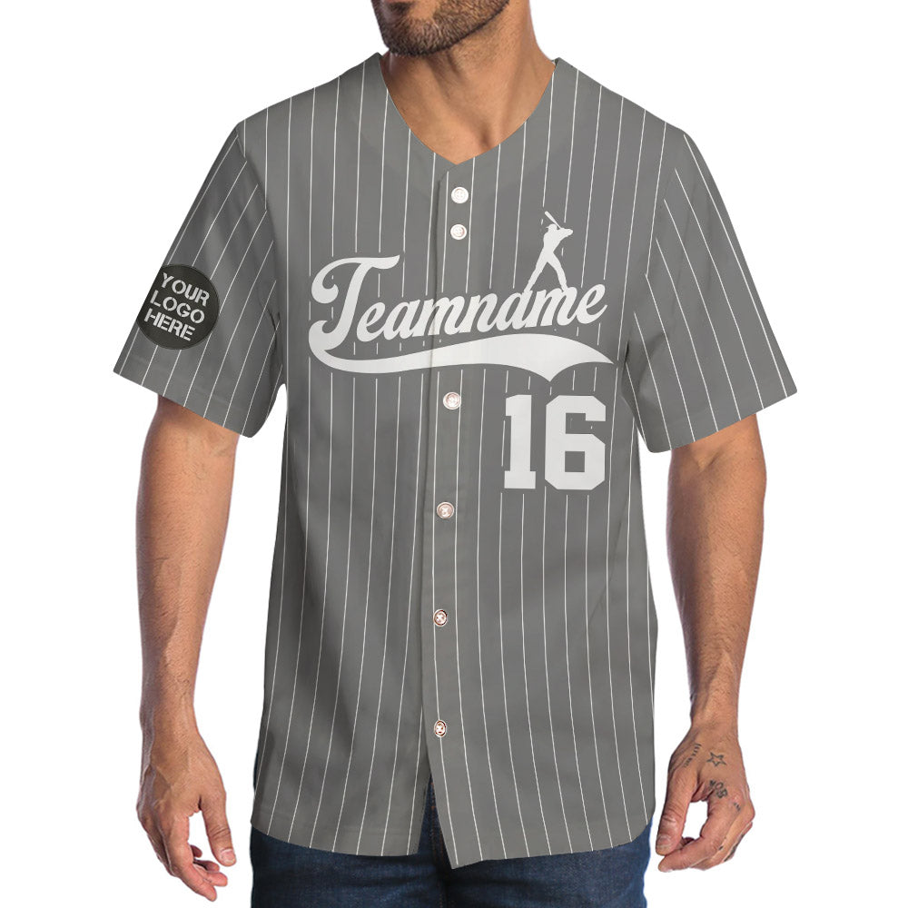 Custom Logo Name Number Grey Pinstripe Baseball Jersey