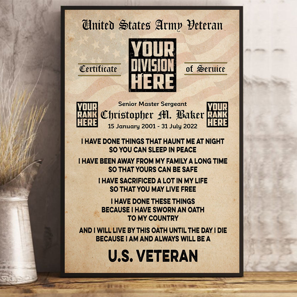 US Veteran Certificate Of Service Custom Poster Canvas I Am And Always Be A U.S. Veteran K1702