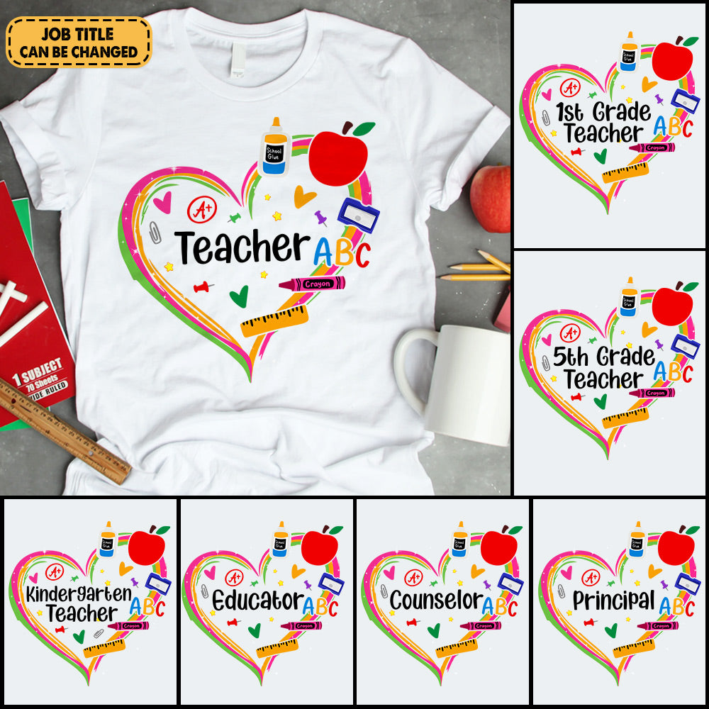 Personalized Title Teacher Heart, Colorful School Items, Back To School T-Shirt For Teacher