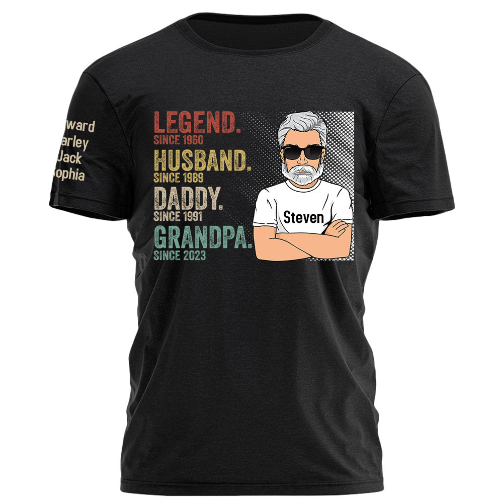 Legend Husband Dad Grandpa Personalized Shirt With Design On Sleeve - Father's Day, Birthday Gift For Dad, Grandpa