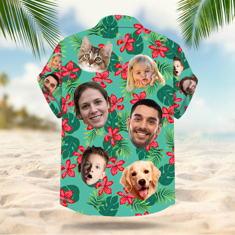 Custom Dog Cat Face Leaves & Flowers Custom Hawaiian Shirt With Multiple Faces Gift For Family