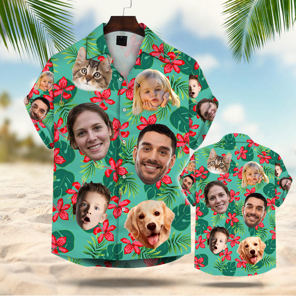 Custom Dog Cat Face Leaves & Flowers Custom Hawaiian Shirt With Multiple Faces Gift For Family