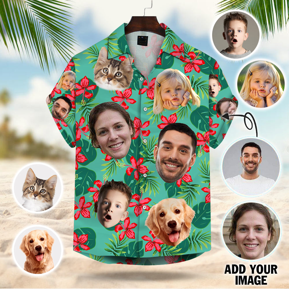 Custom Dog Cat Face Leaves & Flowers Custom Hawaiian Shirt With Multiple Faces Gift For Family