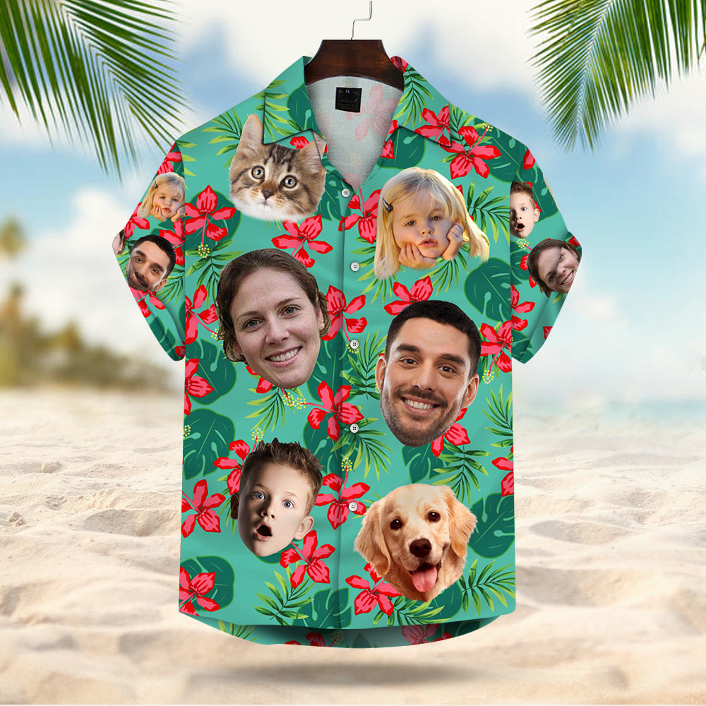 Custom Dog Cat Face Leaves & Flowers Custom Hawaiian Shirt With Multiple Faces Gift For Family