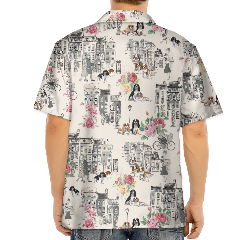 Border Collie Walking With Woman In Urban Hawaiian Shirt