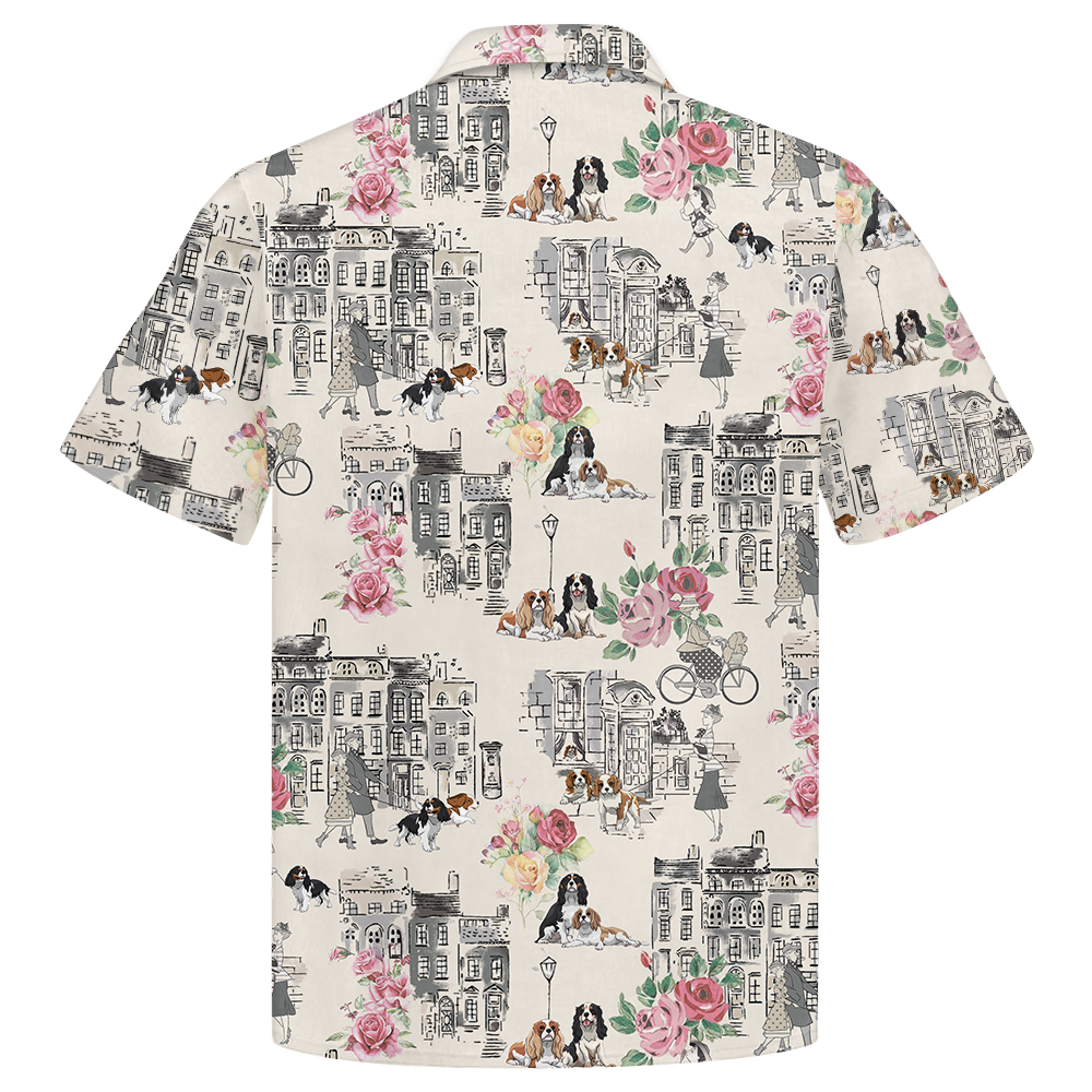 Border Collie Walking With Woman In Urban Hawaiian Shirt