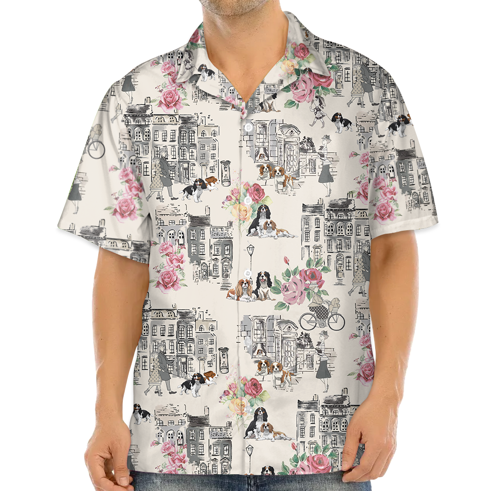 Border Collie Walking With Woman In Urban Hawaiian Shirt