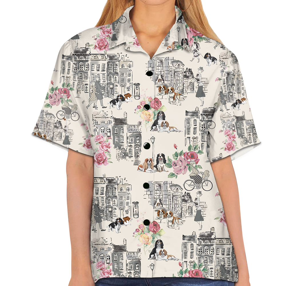 Border Collie Walking With Woman In Urban Hawaiian Shirt