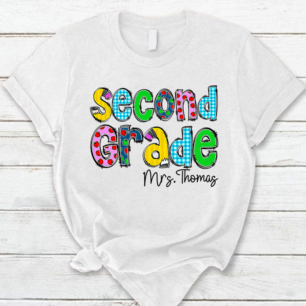 Personalized Second Grade Level And Title Shirt Cute Apple Pattern For Teacher Hk10