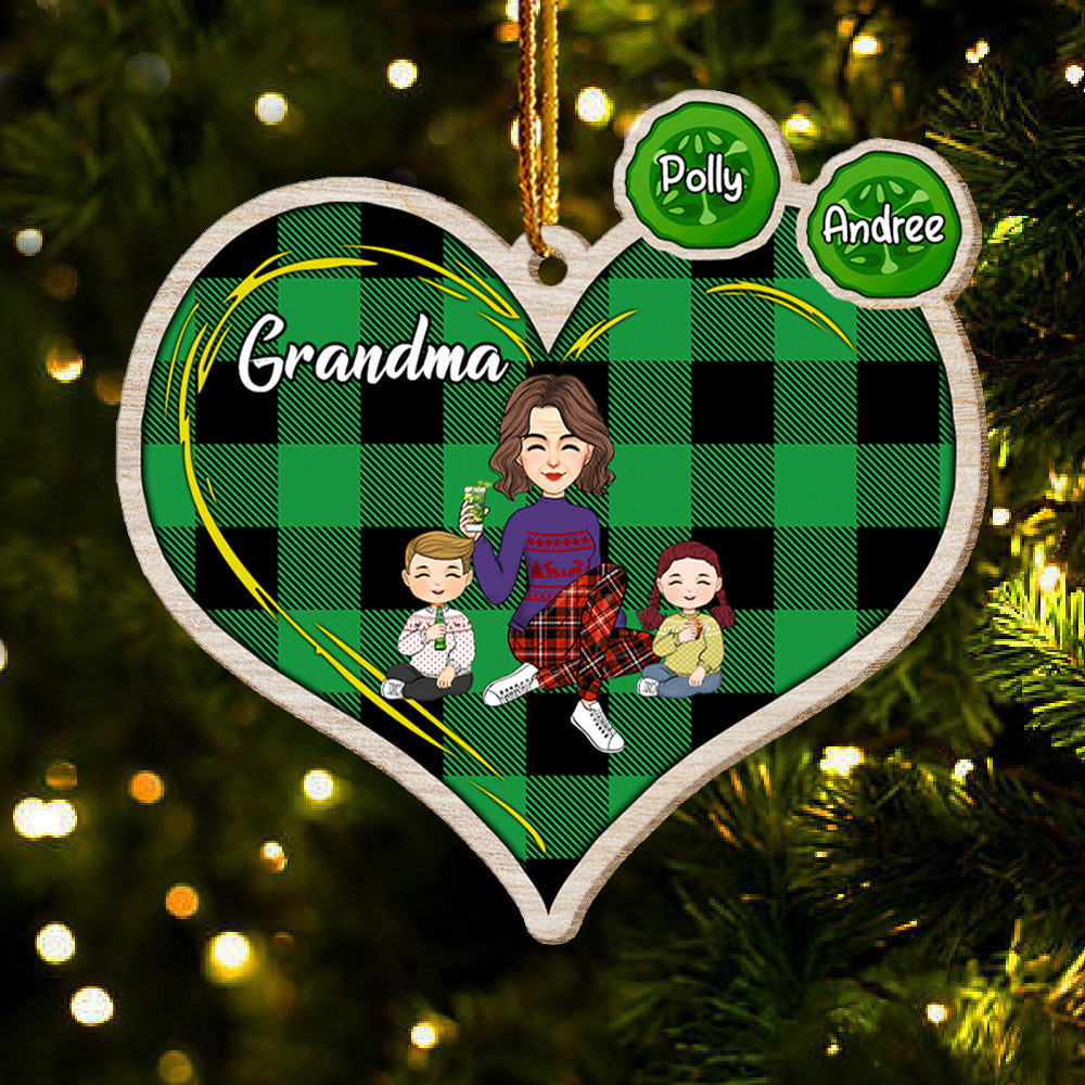 Grandma Grandkids Christmas Pickle Heart Personalized Wooden Ornament