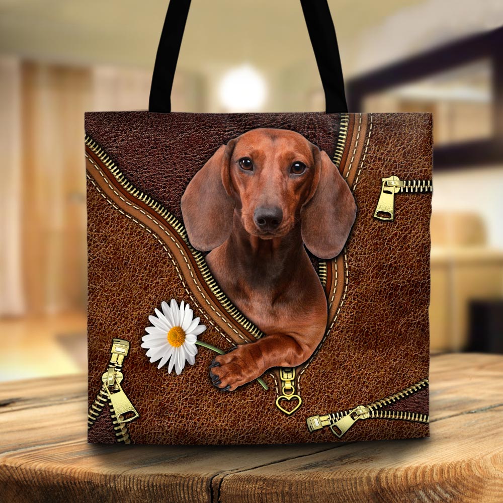 Dachshund Holding Daisy Printed Leather Pattern, Tote Bag For Dog Mom Dog Lovers