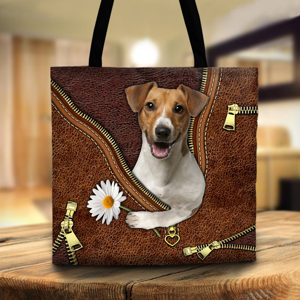 Jack Russell Holding Daisy, Printed Leather Pattern, Tote Bag For Dog Mom, Dog Lovers