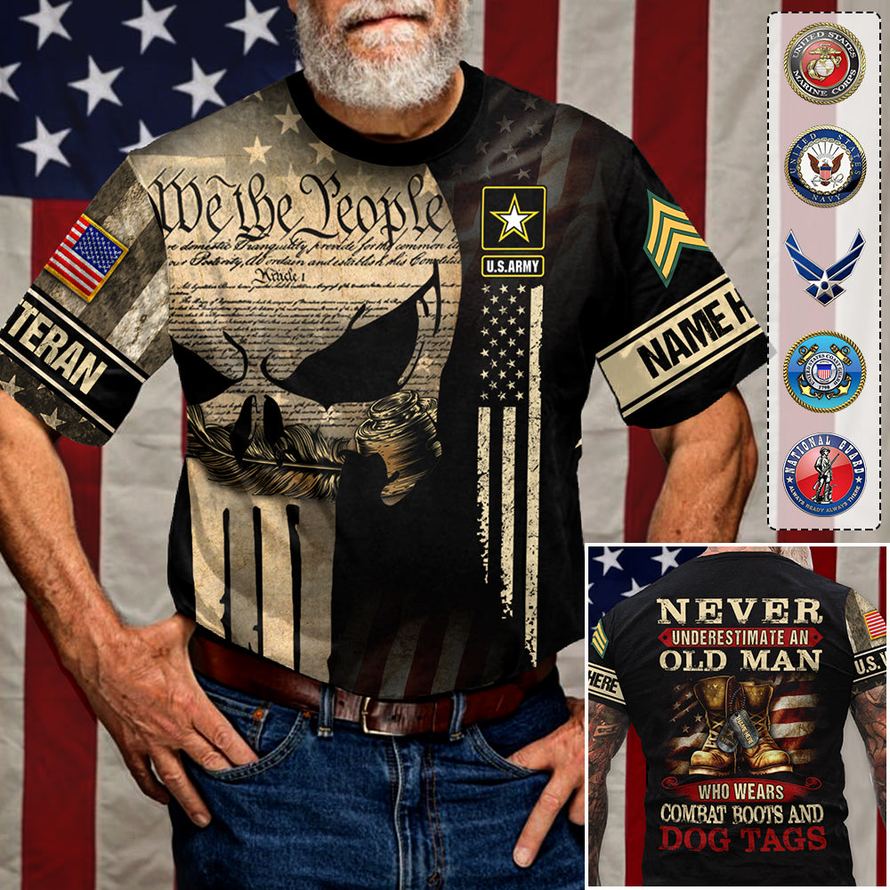 Never Underestimate Old Man Who Wears Combat Boots Dog Tags We The People Skull Personalized All Over Print Shirt For Veteran H2511