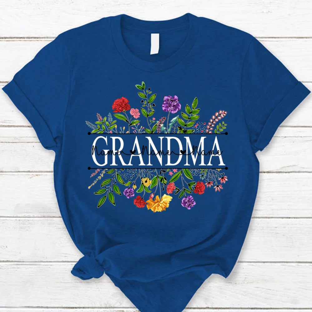 Personalized Grandma With Grandkid's Names Carnation Frame Shirt For Grandma