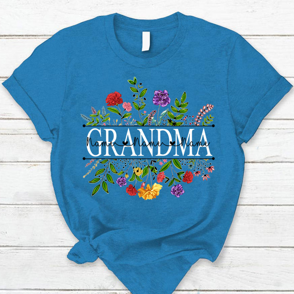 Personalized Grandma With Grandkid's Names Carnation Frame Shirt For Grandma