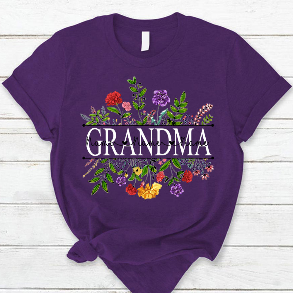 Personalized Grandma With Grandkid's Names Carnation Frame Shirt For Grandma