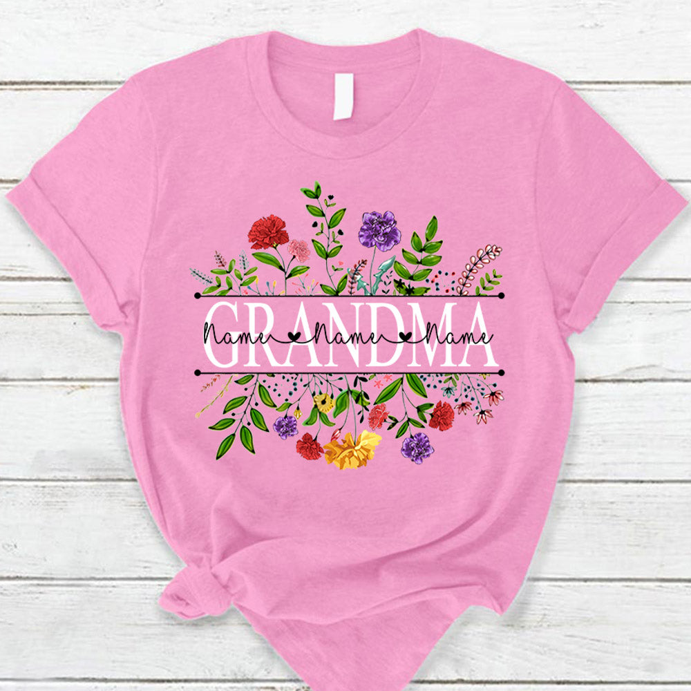 Personalized Grandma With Grandkid's Names Carnation Frame Shirt For Grandma