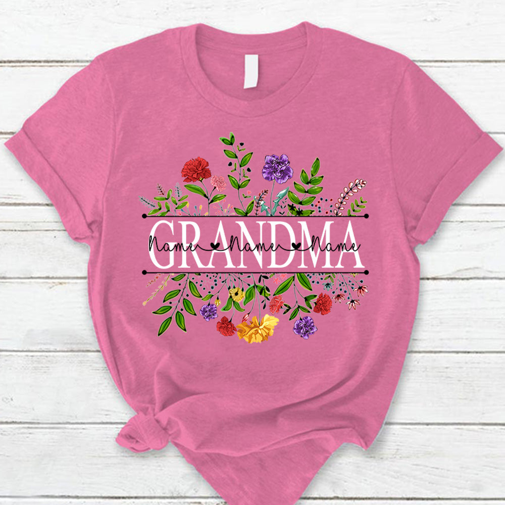 Personalized Grandma With Grandkid's Names Carnation Frame Shirt For Grandma