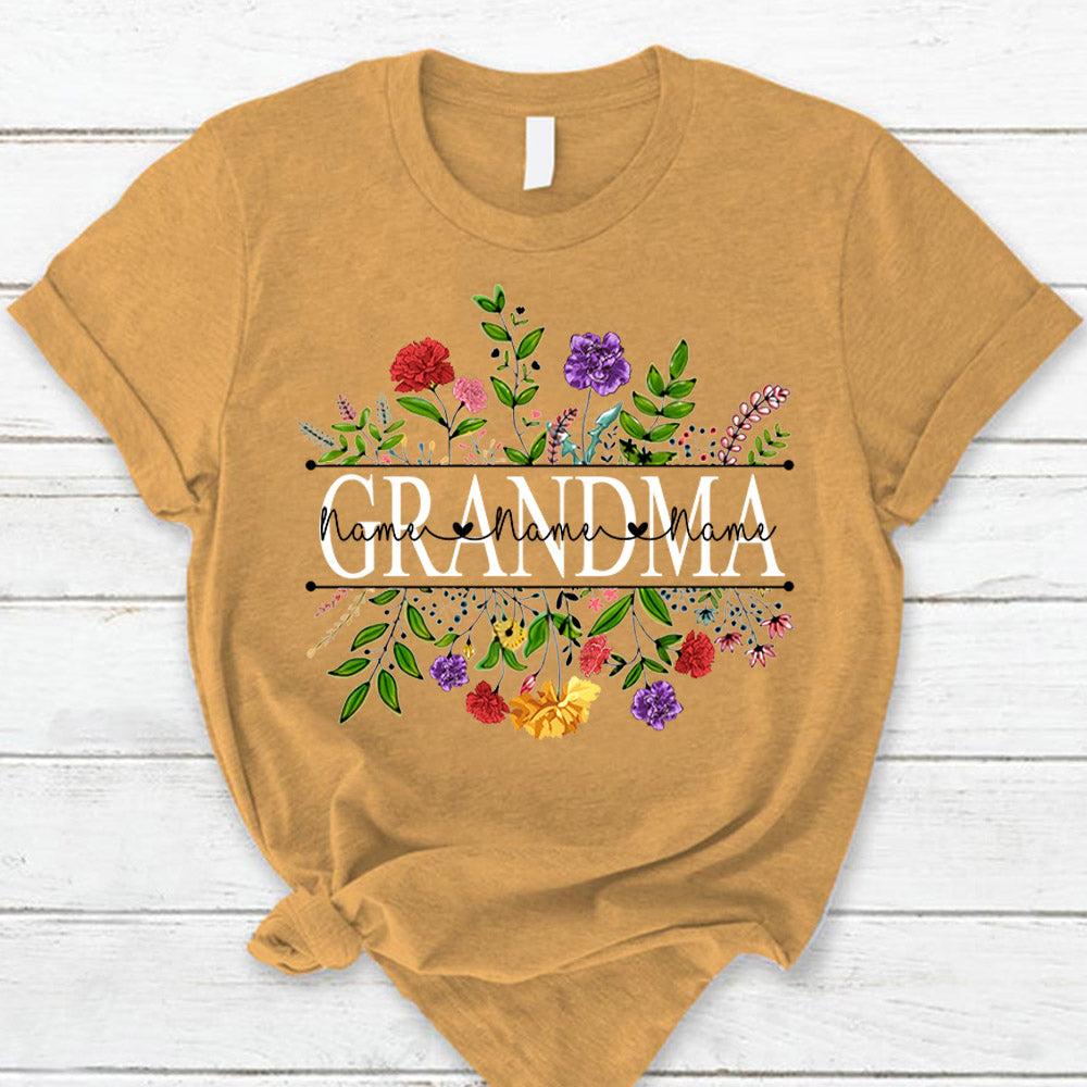 Personalized Grandma With Grandkid's Names Carnation Frame Shirt For Grandma