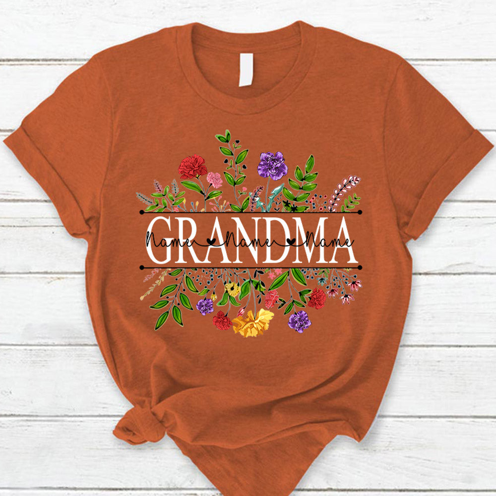 Personalized Grandma With Grandkid's Names Carnation Frame Shirt For Grandma