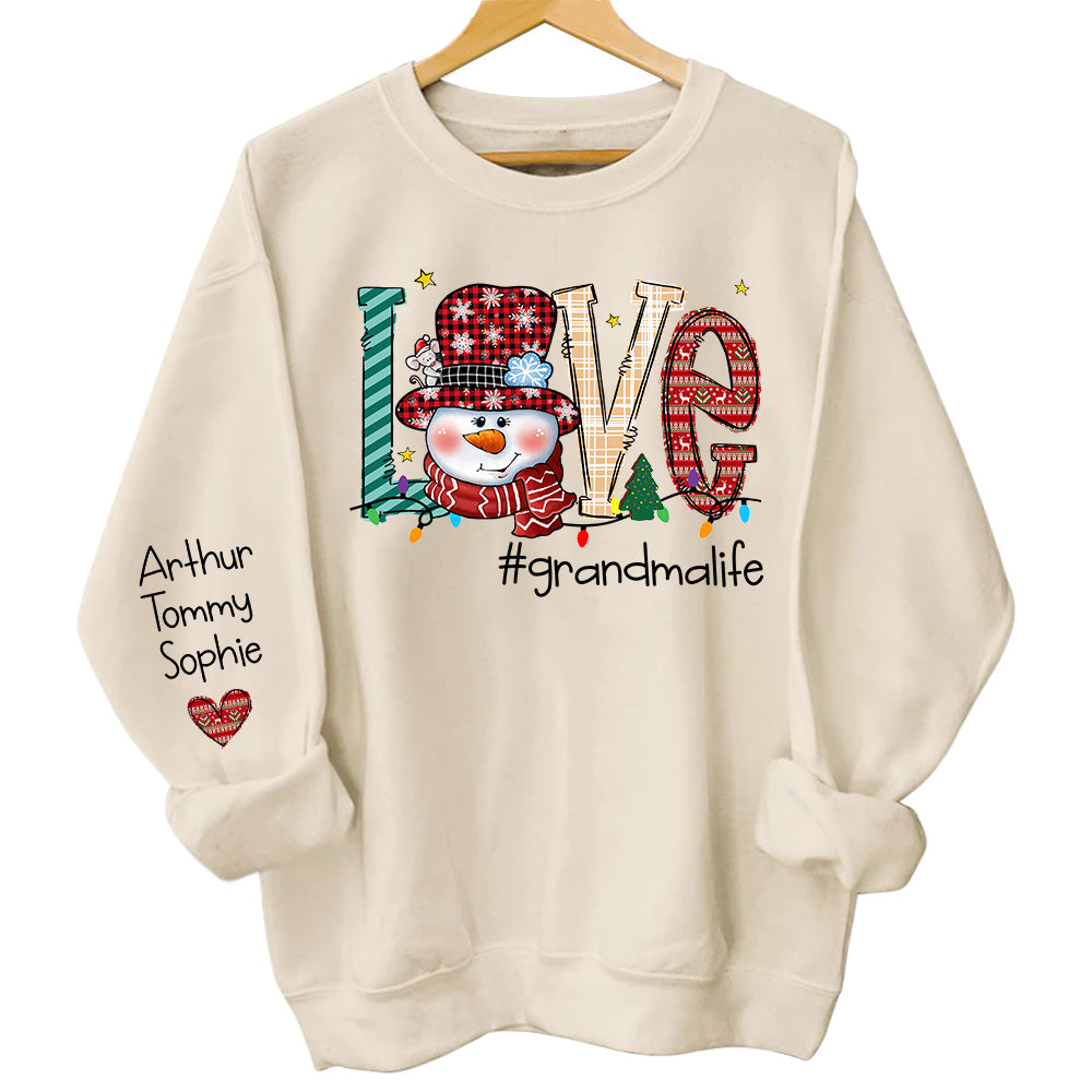 Personalized Love Grandmalife Snowman Christmas Shirt Grandma With Grandkids Name Light Christmas Shirt