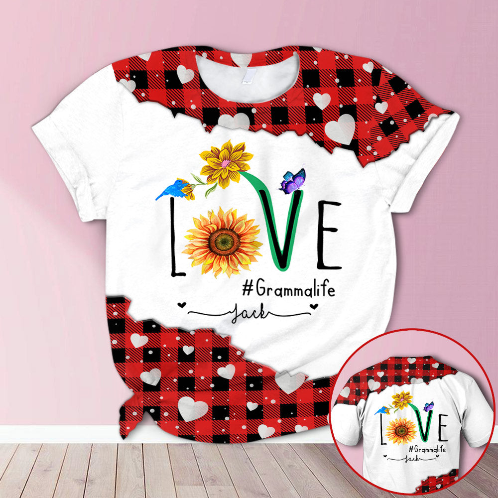 Personalized Love Grandmalife Cute Sunflower Red Plaid All Over Print Shirts, 3D Shirt For Grandma