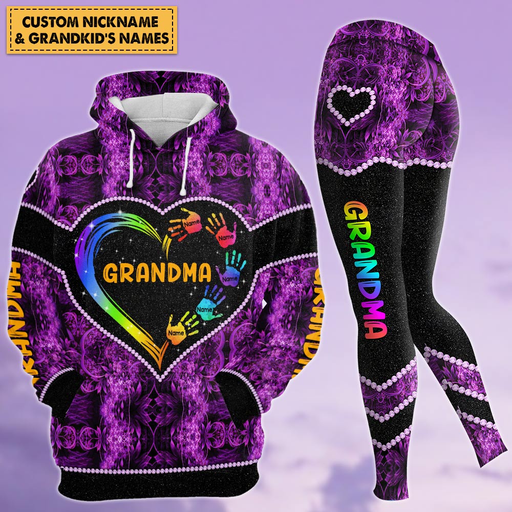Grandma Heart And Grandkids Hands Personalized All Over Print Shirt, 3D Hoodie, Tank Top And Legging Set For Grandma