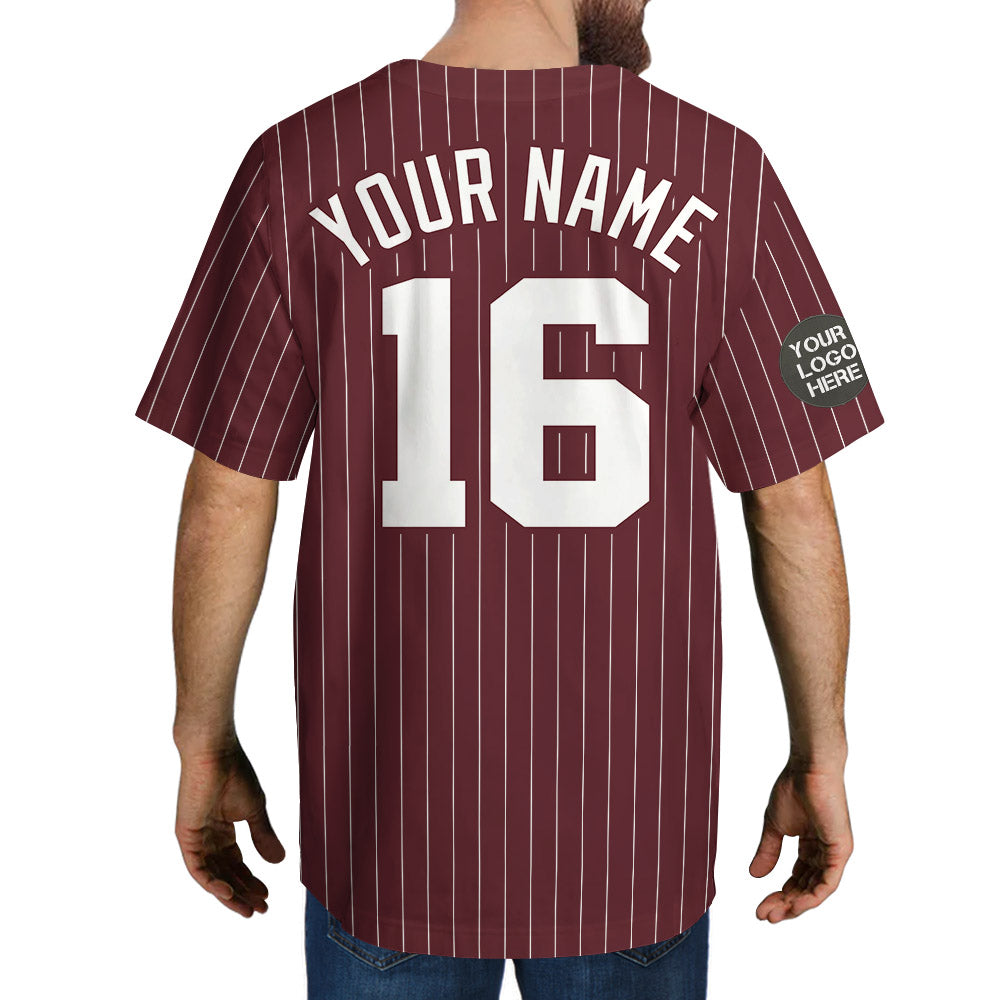 Custom Logo Name Number Burgundy Pinstripe Baseball Jersey