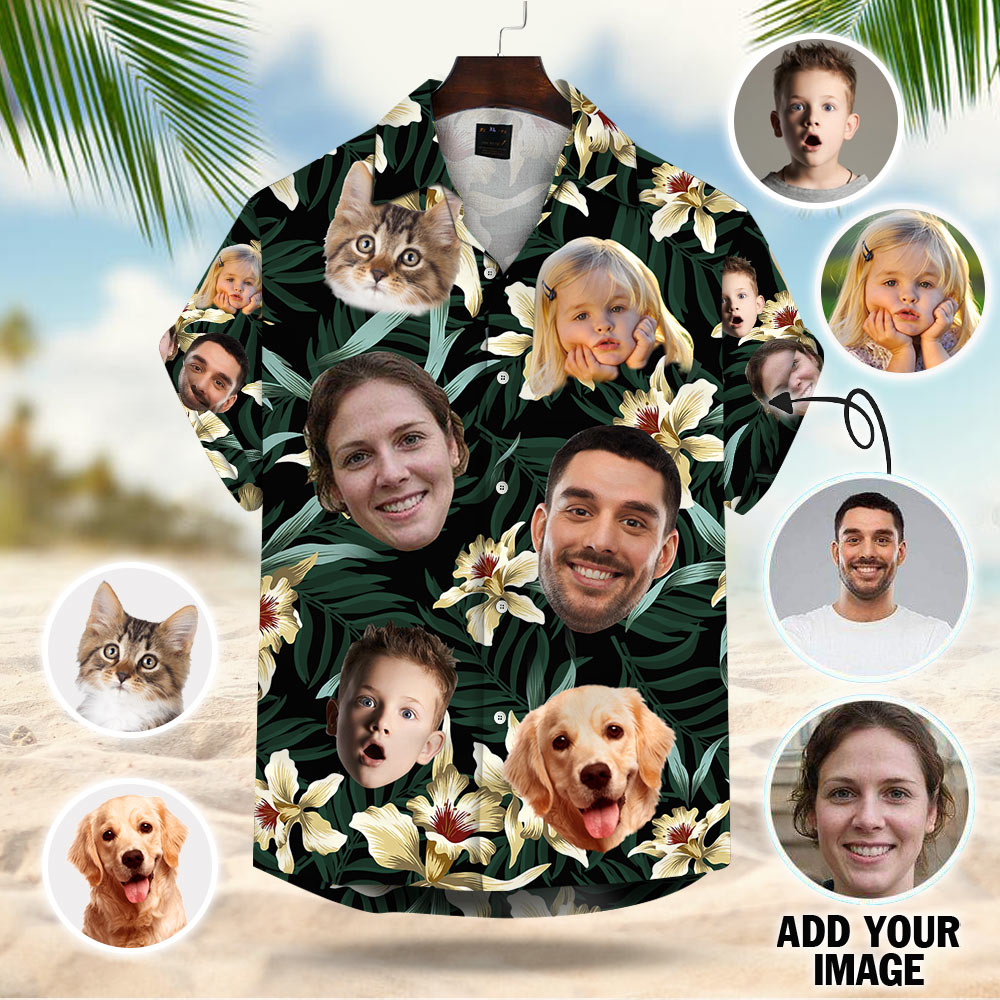 Custom Dog Cat Face Leaves & Flowers Custom Hawaiian Shirt With Multiple Faces For Family