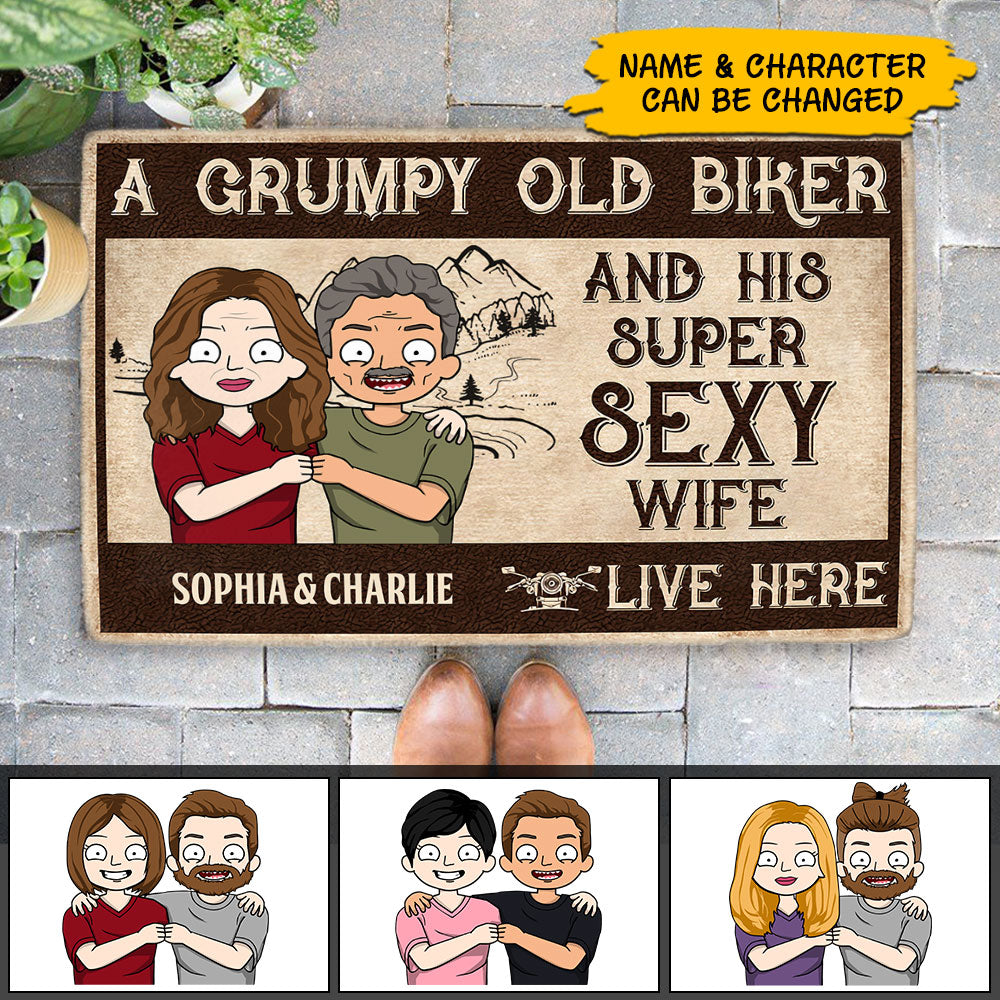 A Grumpy Old Biker And His Super Sexy Wife Live Here, Personalized Doormat For Couples, Biker Lovers