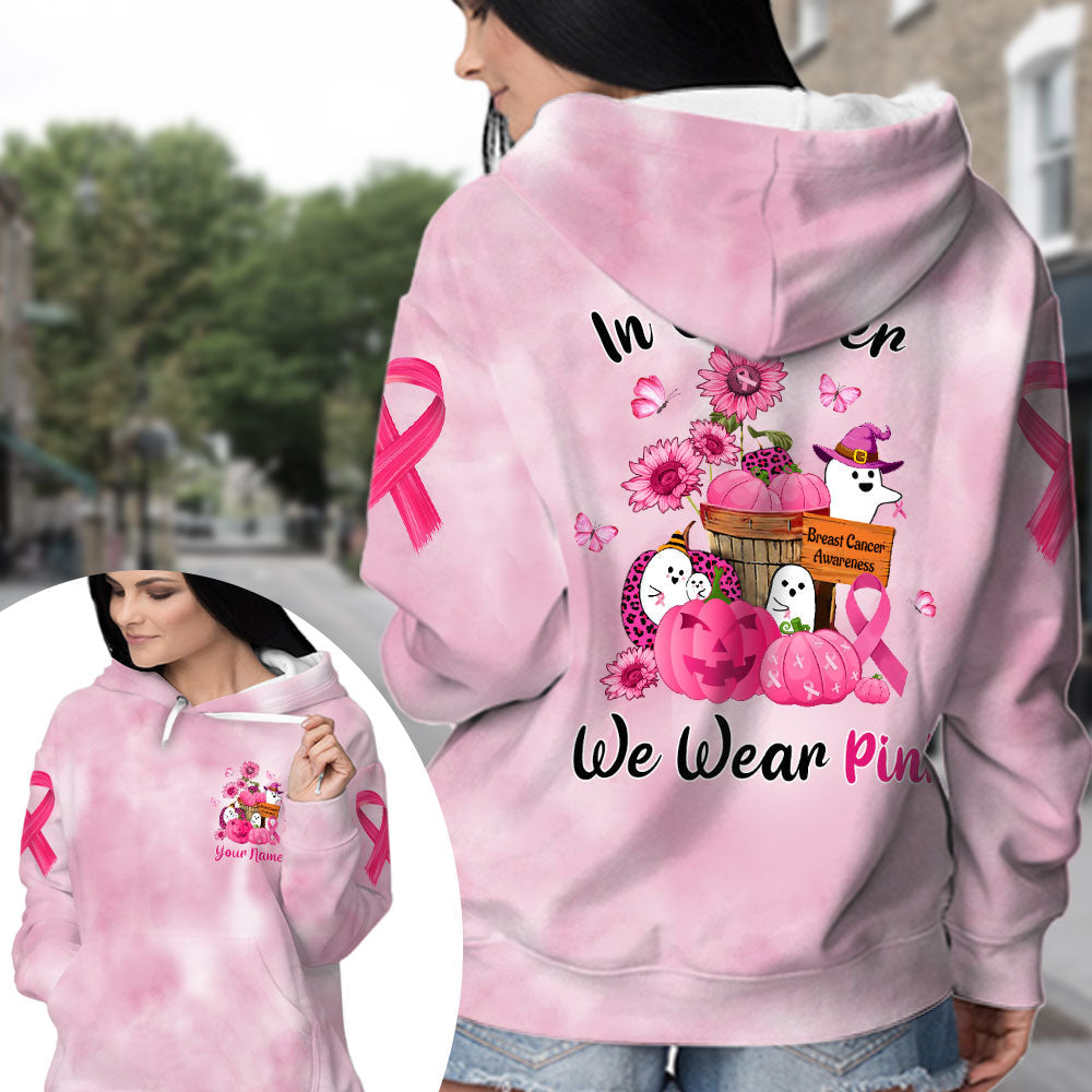 In October We Wear Pink, Shirts For Breast Cancer Family Member, Funny Little Ghost & Pumpkin, Name Can Be Changed