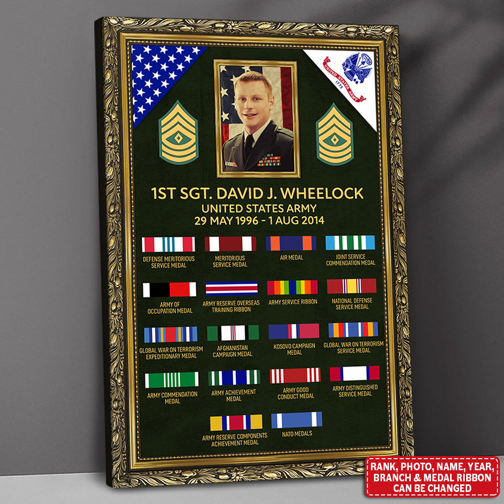 Personalized Canvas For Veteran Custom Veteran Information Rank Medal Ribbon Canvas For Veteran Proud Served H2511