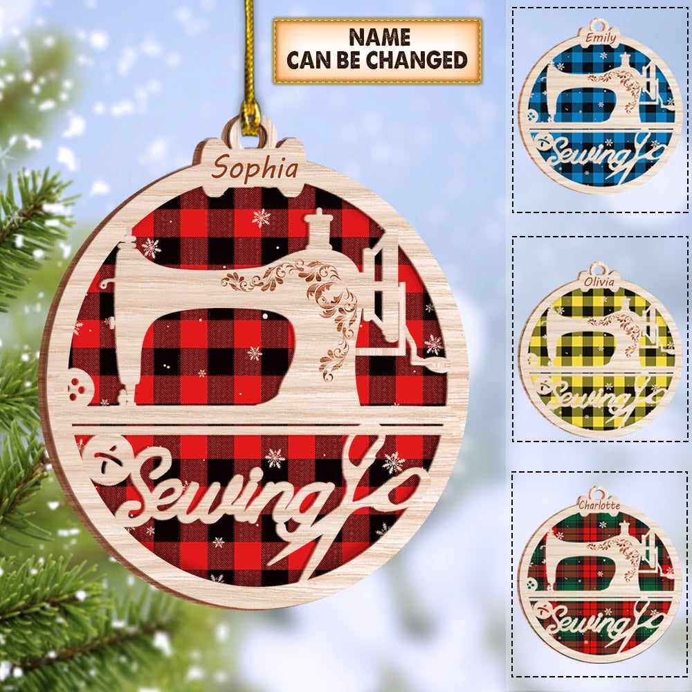 Personalized Ornament Gifts For Sewing Lovers - Sewing Red Buffalo Plaid Ornament Sewing Machine Shaped Acrylic Ornament