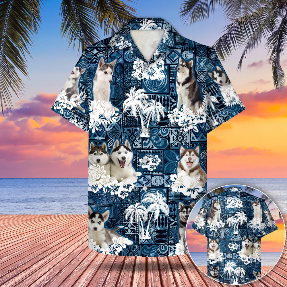 Husky Hawaiian Shirt Style Blue Gift For Husky Mom, Husky Dad