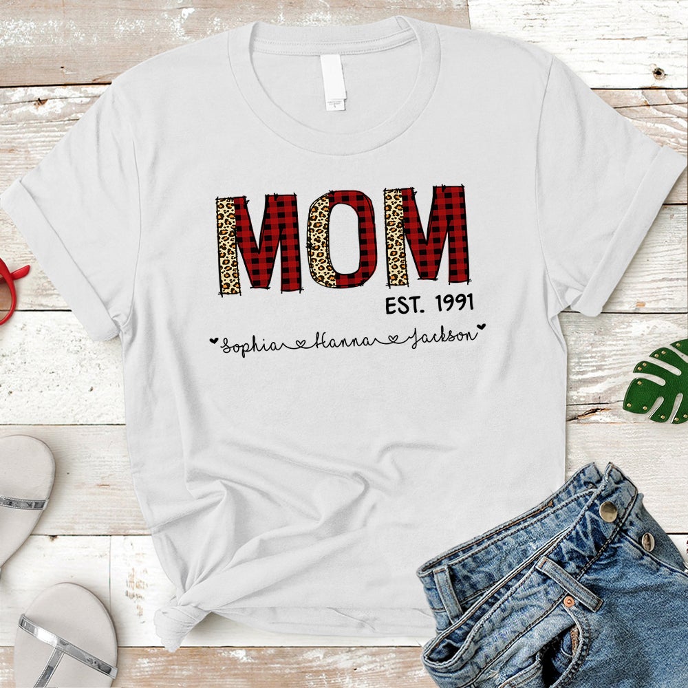 Personalized Mom Est Buffalo Plaid Leopard Shirt Mom With Grandkids Name Shirt