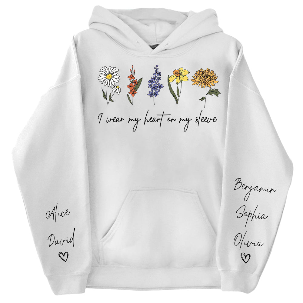 I Wear My Heart On My Sleeve Sweatshirt, Personalize Mom Gift Sweatshirt, Birth Month Flower Gift for Grandma, Gigi Gift, Granny Gift