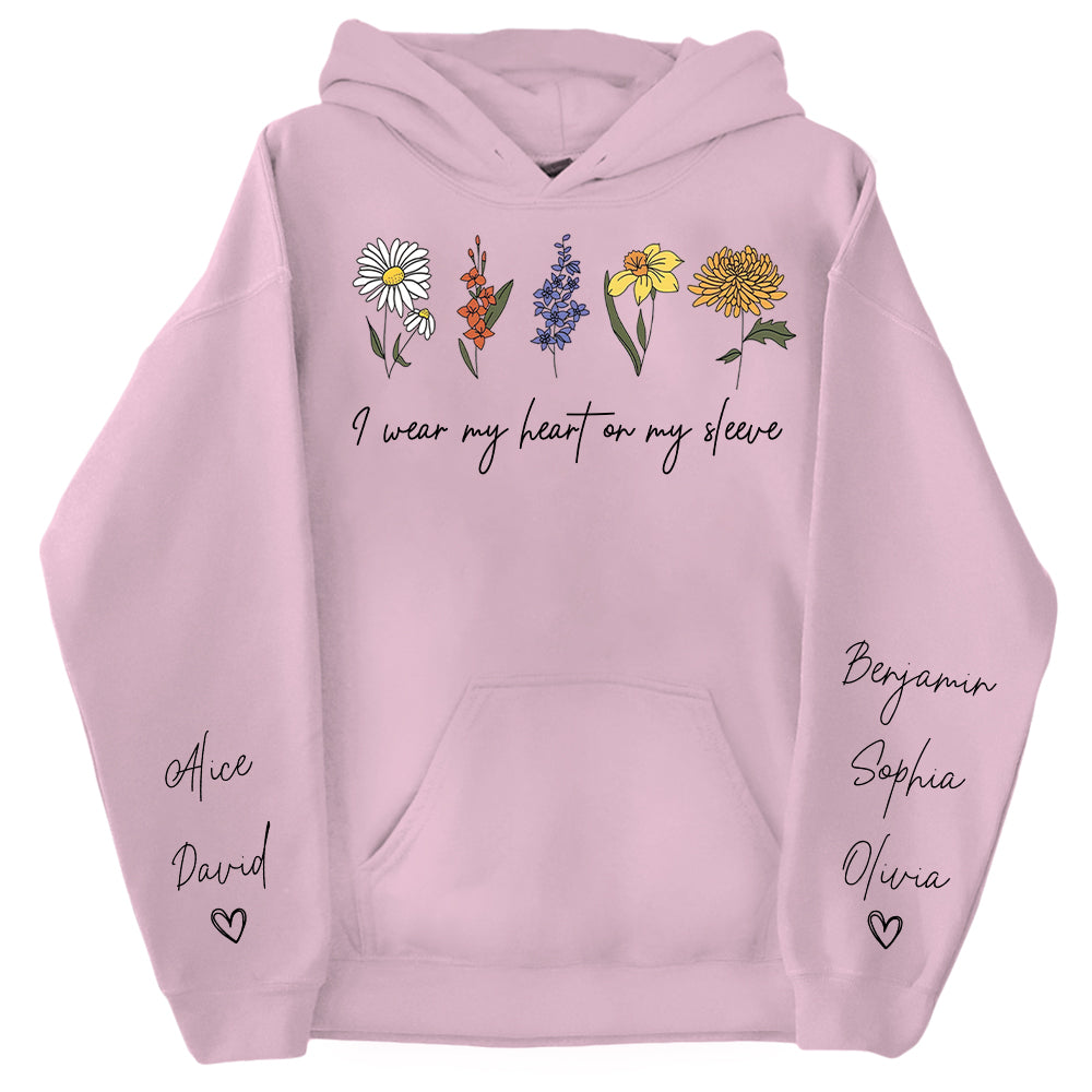 I Wear My Heart On My Sleeve Sweatshirt, Personalize Mom Gift Sweatshirt, Birth Month Flower Gift for Grandma, Gigi Gift, Granny Gift