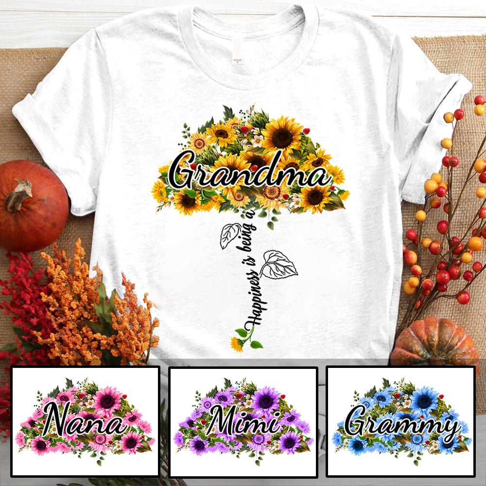 Happiness is Being A Grandma Umbrella Flower Shirts, Funny Grandma Nana Mimi Shirt, Custom Grandma Nickname Shirt.