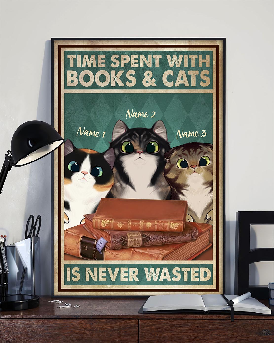 Time Spent With Books And Cats Is Never Wasted Poster Canvas Funny Cat With Book Poster Gift For Cat Lover.