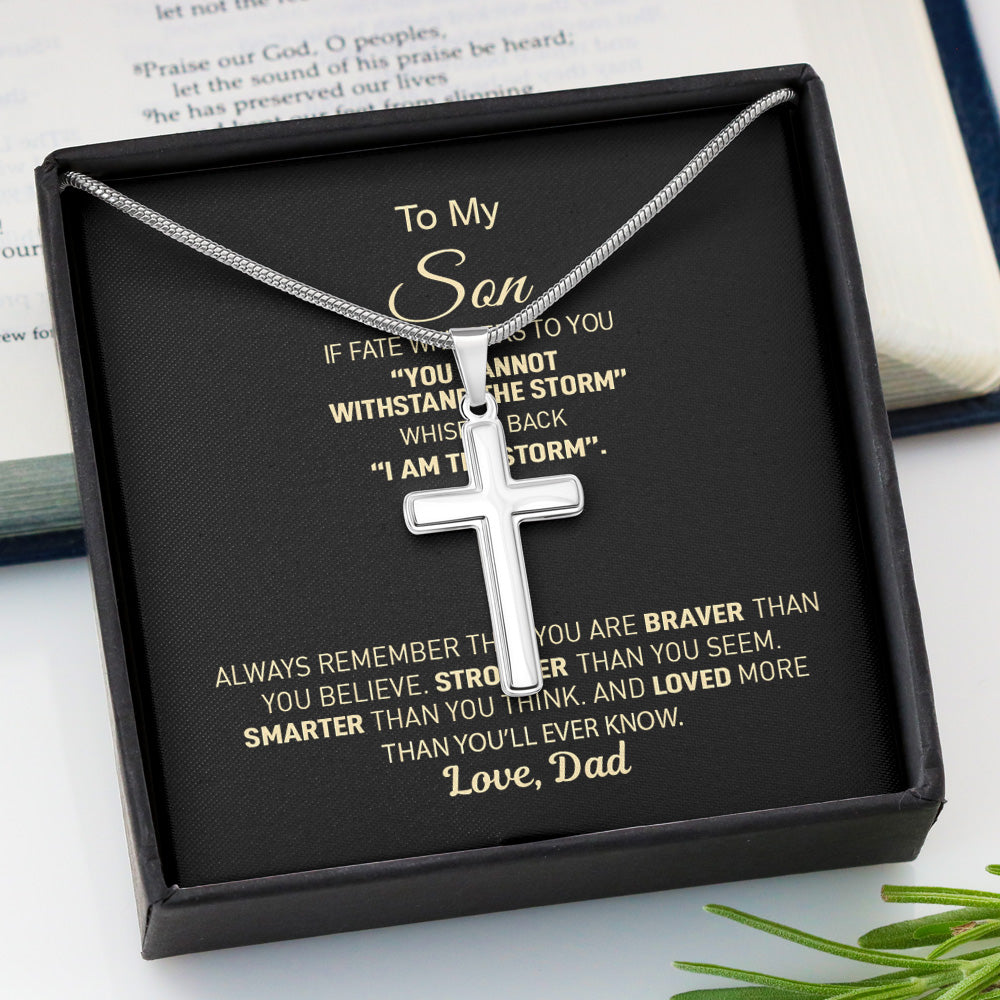 Personalized Cross Necklace Gift For Son - To My Badass Son If Fate Whispers To You I Am The Storms Cross Necklace