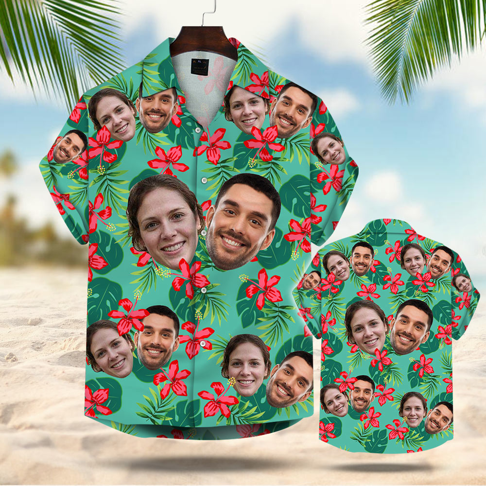 Custom Face Leaves & Flowers Pattern Hawaiian Shirt - Custom Hawaiian Shirt With Multiple Faces