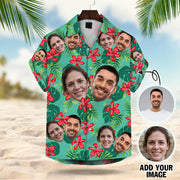Custom Face Leaves & Flowers Pattern Hawaiian Shirt - Custom Hawaiian Shirt With Multiple Faces