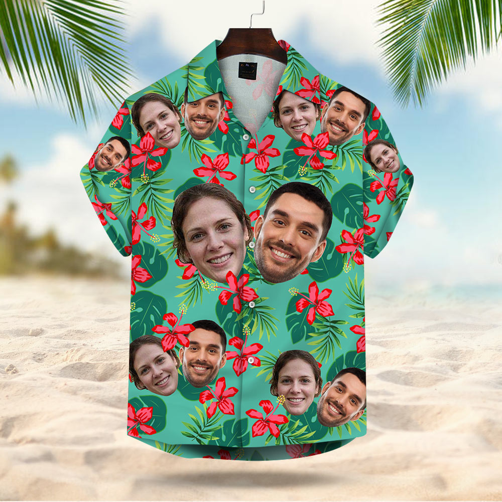 Custom Face Leaves & Flowers Pattern Hawaiian Shirt - Custom Hawaiian Shirt With Multiple Faces