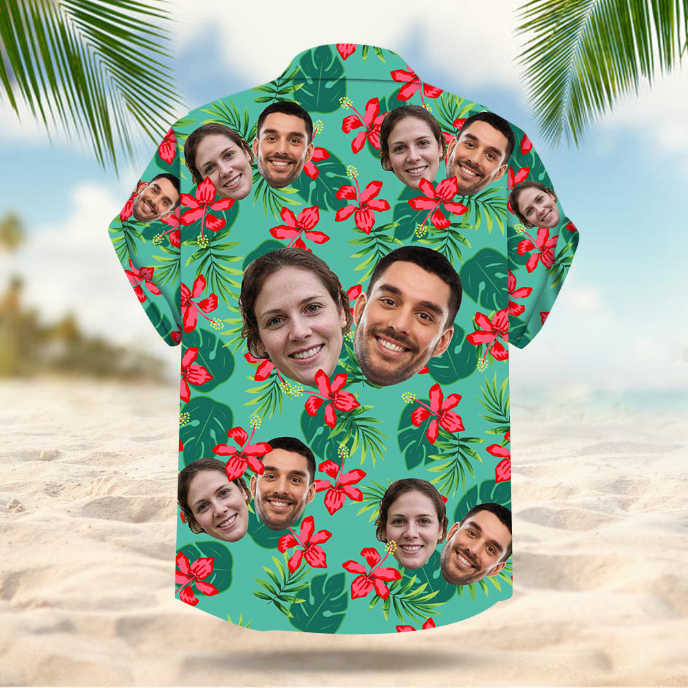 Custom Face Leaves & Flowers Pattern Hawaiian Shirt - Custom Hawaiian Shirt With Multiple Faces