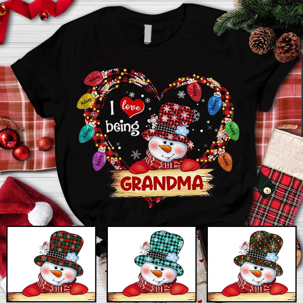 Personalized I Love Being Grandma Snowman Heart Shirt Grandma With Grandkids Name Christmas Shirt